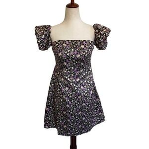 Pomelo Romantic Square Neck Puff Sleeve Mini Dress Black Purple Dainty Floral- M